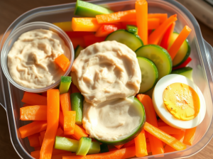 Heart-healthy snack box with fresh vegetables and hummus and hard-boiled egg