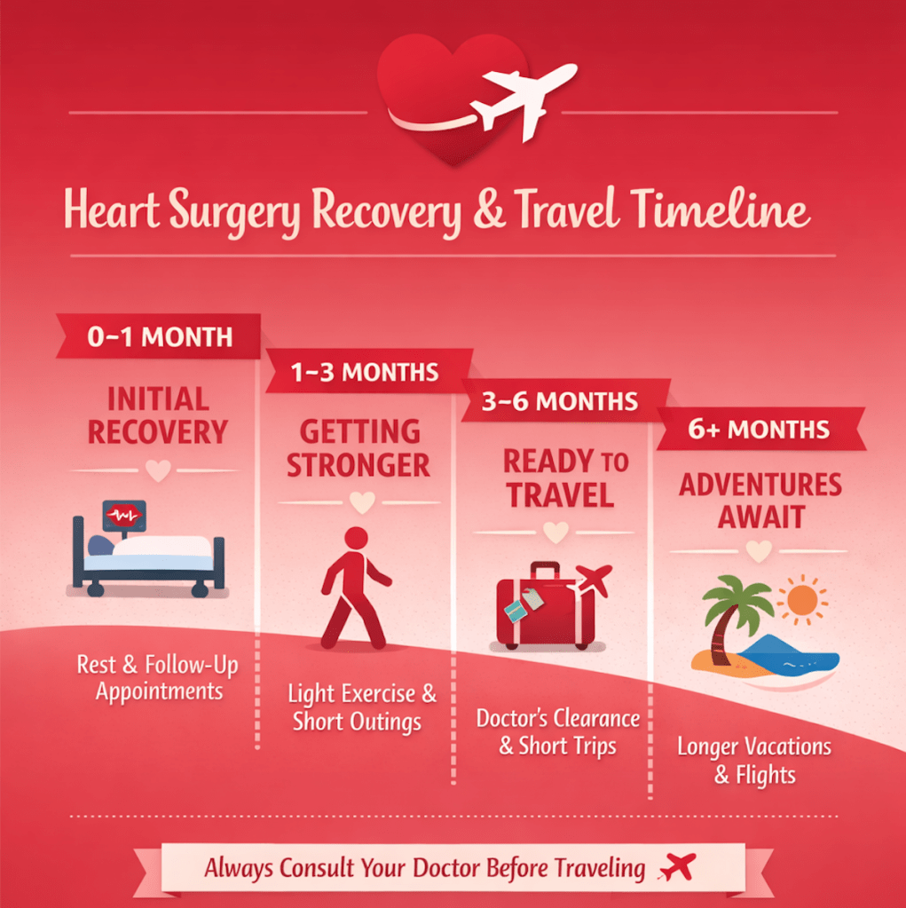 Heart surgery recovery and travel timeline infographic