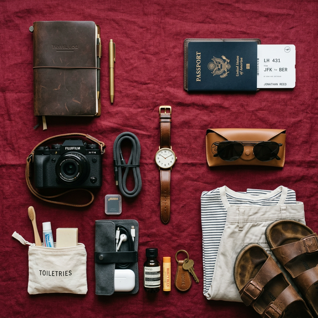 Travel essentials including travel log, camera, toiletries, passport with boarding pass, watch, sunglasses, clothes, sandals, and accessories arranged on red fabric