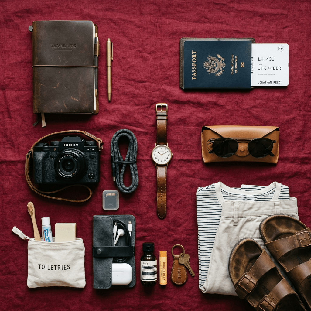 Travel essentials including travel log, camera, toiletries, passport with boarding pass, watch, sunglasses, clothes, sandals, and accessories arranged on red fabric